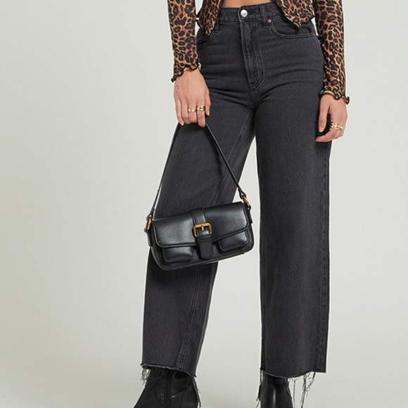 Zara Women’s High-Rise Button Fly Cropped Raw-Edge Wide-leg Black Wash Sz 0 EUC - Picture 11 of 12